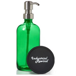 Green Glass Soap Dispenser with Stainless Soap Pump - 16oz Industrial Rewind Boston Round bottle with Stainless Soap / Lotion Dispenser Pump