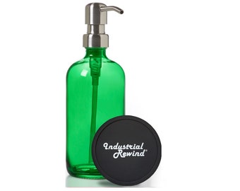 Green Glass Soap Dispenser with Stainless Soap Pump - 16oz Industrial Rewind Boston Round bottle with Stainless Soap / Lotion Dispenser Pump