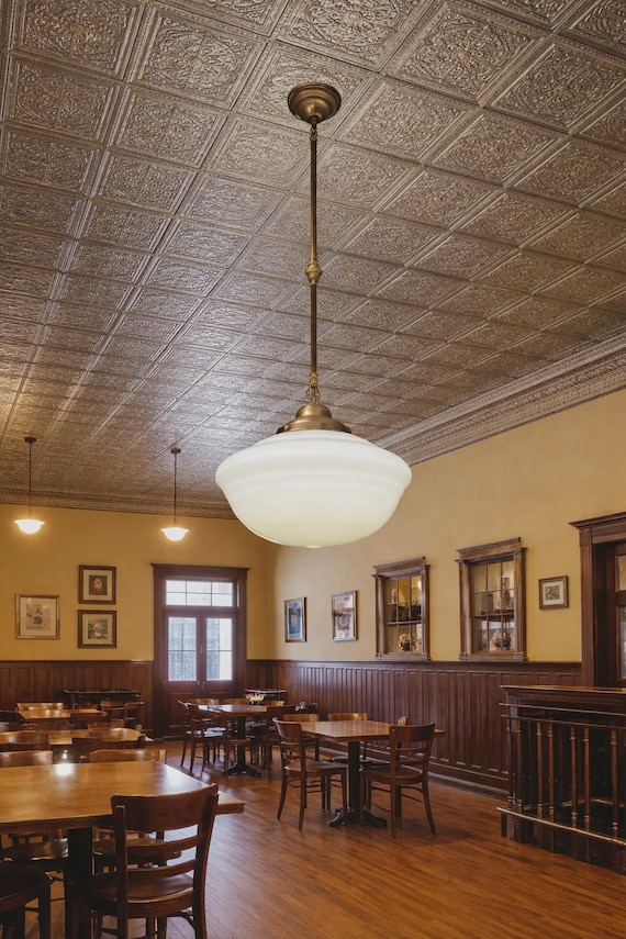 Antique Pendant Light 16" Milk Glass Globe 5' Drop Brass Rod
