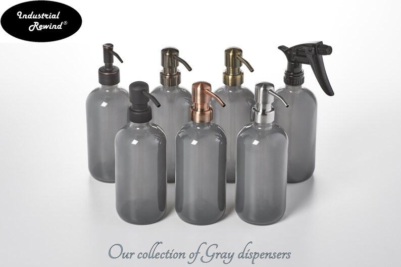 8oz Glass Boston Round Bottle with Black Metal Soap Dispenser Pump Grey Soap Dispenser Gray Soap Dispenser 2.25 by 7