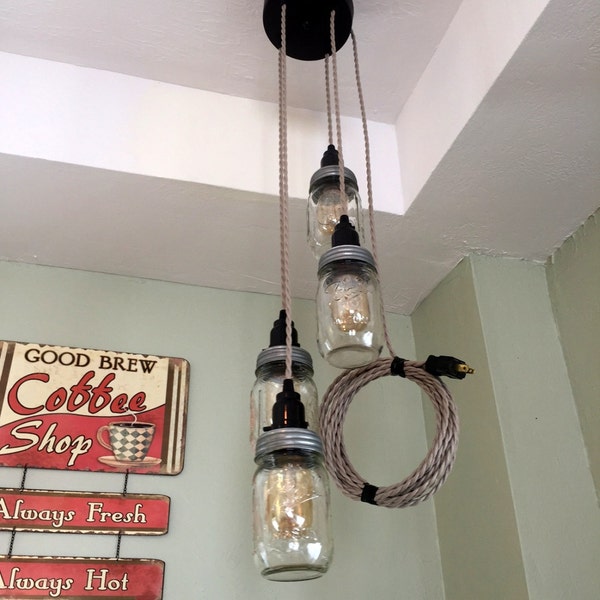 ON SALE - Jar Chandelier Swag Light - Black Canopy, Sand Cord -Hanging Pendant Lights - Plug in!  No Hard Wiring!!  Jar Lighting