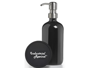 Black Glass Soap Dispenser with Stainless Soap Pump - 8oz Industrial Rewind Boston Round bottle with Stainless Soap / Lotion Dispenser Pump