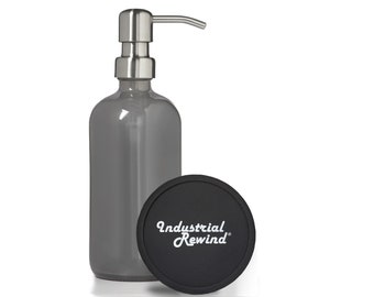 Gray Glass Soap Dispenser with a Stainless Metal Soap Pump - 16oz Grey Bottle with Electroplated Stainless Soap / Lotion Dispenser Pump