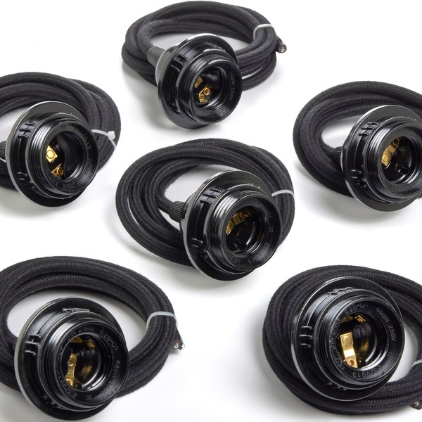 DIY Light Strand 6pk - 4' Black Round or Twisted Cord with Black Phenolic Socket - Corded Sockets for Pendant or Chandelier Light Lighting