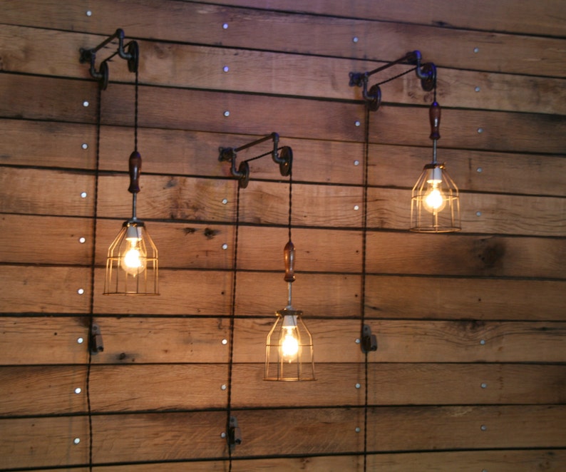 Pulley Wall Mount With Cage Light And Wooden Handle