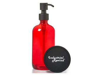 Red Glass Soap Dispenser with Black Flat Head Soap Pump - 16oz Boston Round bottle with Black Soap /Lotion Dispenser Soap Holder