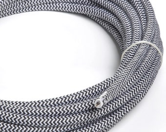 Black & White Round Cloth Covered Lamp Cord - 25' Chevron or Geometrical Cord - Vintage Style Wire Lamp or Speaker - Electrical Cloth Cord