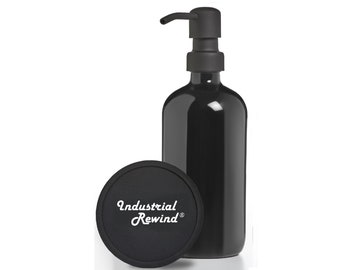 Black Glass Soap Dispenser with Flat  Black Soap Pump - 8oz Industrial Rewind Bottle Black Soap / Lotion Dispenser Pump