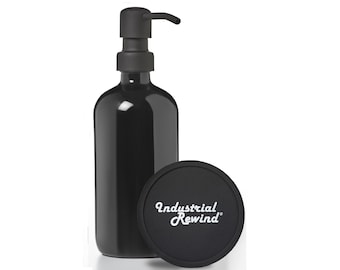 Black Glass Soap Dispenser with Flat  Black Soap Pump - 16oz Industrial Rewind Bottle Black Soap / Lotion Dispenser Pump & Non Slip Coaster