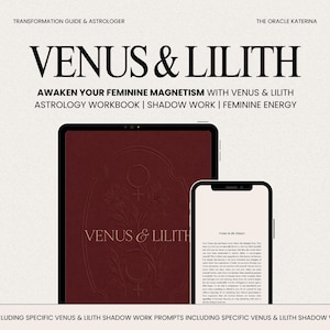 Peut inclure: Une tablette et un smartphone affichant le manuel d'astrologie Venus & Lilith. La tablette présente une couverture rouge foncé avec des symboles floraux et planétaires en relief. Le smartphone affiche un texte intitulé Venus in the House. L'arrière-plan comporte le texte Transformation Guide & Astrologer, The Oracle Katerina et Venus & Lilith Awaken Your Feminine Magnetism.