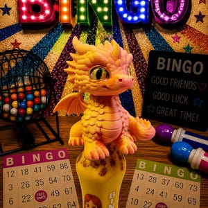 May include: A yellow and orange dragon figurine sits atop a yellow handle featuring a cartoon character and the word BINGO. The scene includes a black wire bingo cage with colourful balls, two bingo cards, and a sign reading BINGO GOOD FRIENDS GOOD LUCK GREAT TIME.