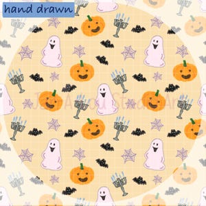 Nahtloses Halloween-Muster, niedlicher Geister- und Kürbis-Hintergrund, gruseliger Fledermaus- und Kerzenständer-Stoffdruck, Kawaii-Scrapbooking- und Digitalpapier