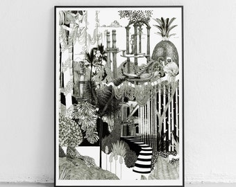 Botanical Jungle - Signed Luxury Giclee Art Print | Wall Decor | Botanical Art | Animal Illustration | Surreal Landscape | Art Deco