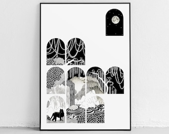 Peeking through the Arches -Signed Luxury Giclee Art Print | Wall Decor | Botanical Art | Animal Illustration | Surreal Landscape | Art Deco