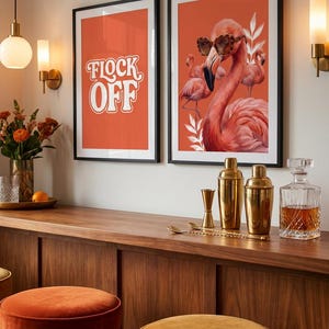 Op de afbeelding: Twee ingelijste wandposters met zwarte lijsten. Eén poster bevat de witte tekst "FLOCK OFF" op een oranje achtergrond. De andere poster toont een grote roze flamingo met een zonnebril met luipaardprint op een oranje achtergrond.