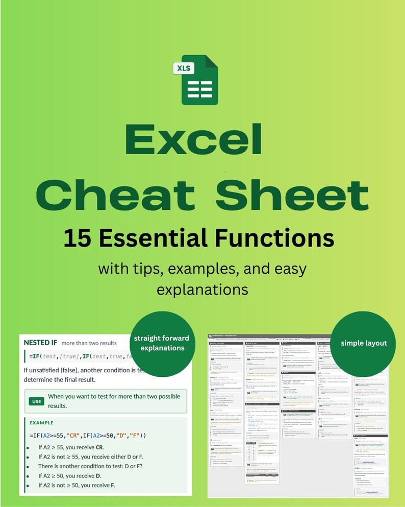 May include: A green digital cheat sheet for Excel featuring 15 essential functions. The document includes a white icon of an XLS file, the title Excel Cheat Sheet, and subheadings for tips, examples, and explanations with a nested IF function example.