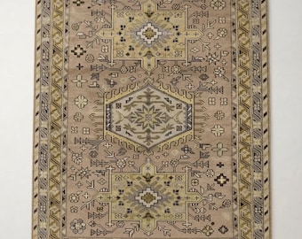 Beige Wool Hand Knotted Oushak Rug | Geometric Tribal Oriental Area Rug | 9x12