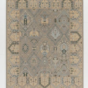 Grey & Ivory Wool Patchwork Hand Knotted Oushak Rug | Geometric Vintage Pattern | 9x12 Area Rug