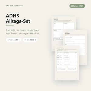 Peut inclure: Un ensemble de planificateurs numériques intitulé ADHS Alltags-Set de Ordnungsstudio, comprenant 21 pages sur 3 fichiers PDF. Le document présente des modèles structurés pour les tâches quotidiennes, avec des sections intitulées Vier Körbe, Der Zerleger et Eine Zone pro Tag, sur un fond beige clair avec du texte sombre.