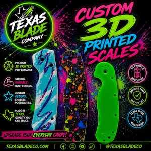 Puede incluir: Tres cachas de cuchillo impresas en 3D personalizadas sobre un fondo negro con salpicaduras de pintura neón. Una cacha presenta un patrón azul verdoso y morado, otra es negra con motas neón y la tercera es de color verde neón sólido.