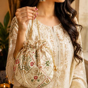 May include: A cream-colored drawstring pouch bag featuring intricate multi-colored floral embroidery, gold thread detailing, and delicate pearl bead accents along the top edge. The bag includes thin gold cord handles for carrying.