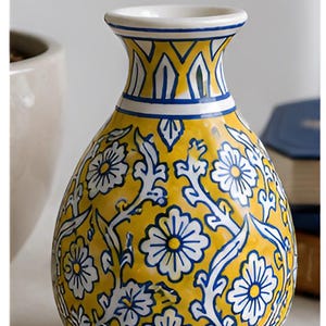 Handmade Jaipur Blue Pottery Vase, Yellow Floral Ceramic Pot, Indian Art Boho Decor