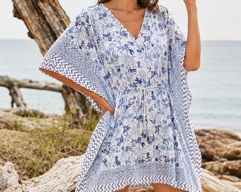 Blue Floral Short Kaftan Dress | Beach Cover Up