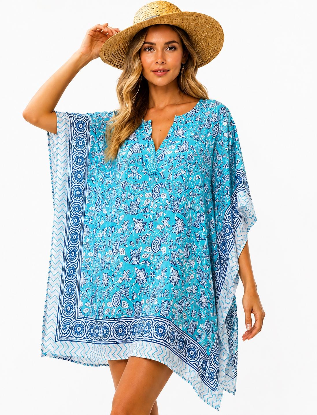 Blue Cotton Short Kaftan Block Print Mini Dress, V-Neck Tunic Printed Beach Coverup