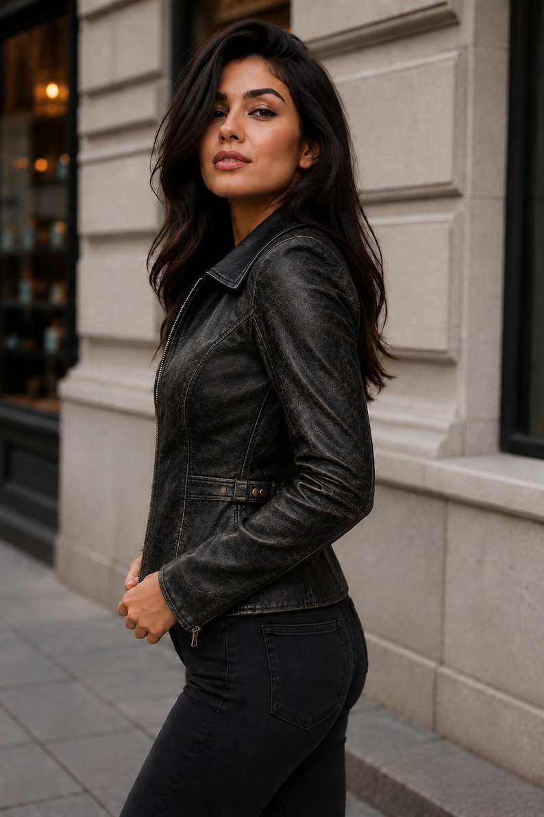 May include: A black leather jacket with a distressed finish, featuring a classic collar, a full-length front zipper, long sleeves with zippered cuffs, and a fitted waist with side adjustment tabs, paired with black denim jeans.