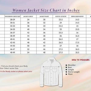 May include: A size chart for jackets with a table listing measurements in inches from XXS to 6XL, including chest, waist, sleeve, shoulder, and body length. Below the table is a line drawing of a jacket and instructions on how to measure.