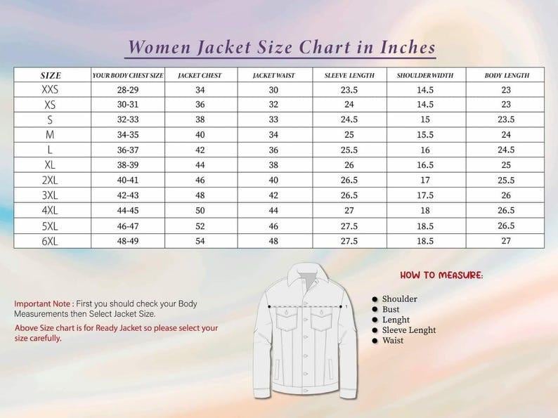 May include: A size chart for jackets with a table listing measurements in inches from XXS to 6XL, including chest, waist, sleeve, shoulder, and body length. Below the table is a line drawing of a jacket and instructions on how to measure.