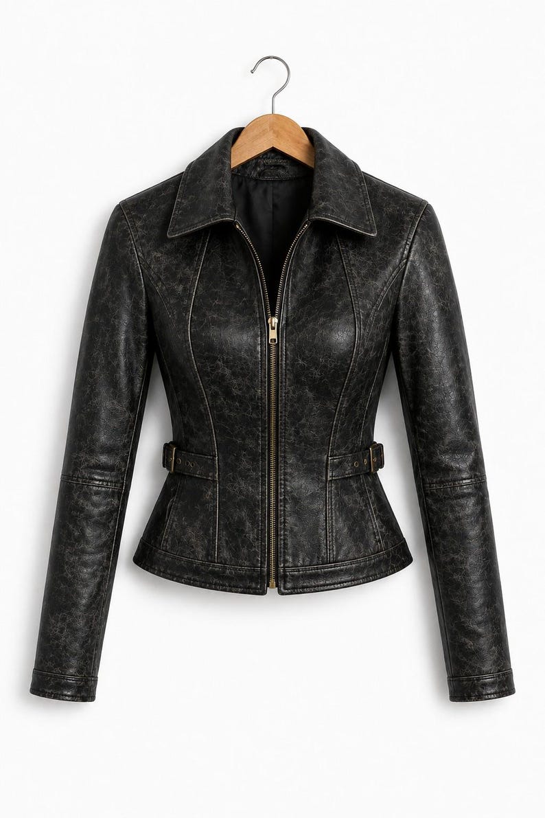 May include: A black jacket with a distressed, weathered texture, featuring a pointed collar, long sleeves, and a central gold-toned zipper closure. The garment includes side waist tabs with metal buckles and vertical seam detailing throughout.