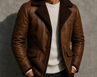 Men's Brown B3 Bomber Shearling Aviator Slim Fit Leather Jacket -  Vintage Style Flight Jacket