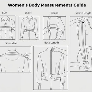 May include: A black and white instructional chart titled Body Measurements Guide featuring six line drawings showing how to measure the bust, waist, biceps, sleeve length, shoulders, and back length using a flexible measuring tape on a shirt.