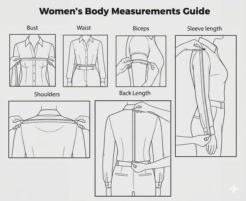 May include: A black and white instructional chart titled Body Measurements Guide featuring six line drawings showing how to measure the bust, waist, biceps, sleeve length, shoulders, and back length using a flexible measuring tape on a shirt.