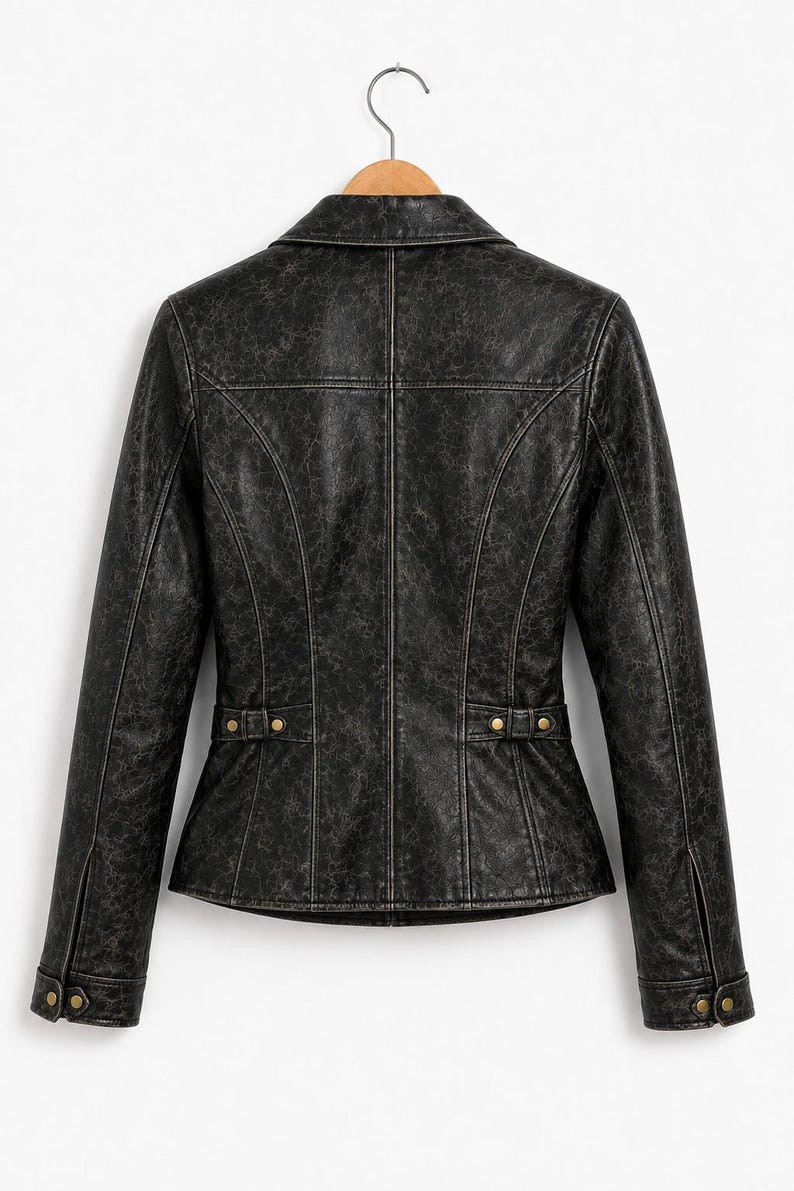 May include: A black jacket with a distressed, weathered texture, featuring a collared neckline, long sleeves with buttoned cuffs, and a fitted waist with decorative side tabs accented by gold-toned metal buttons, shown from the back view.