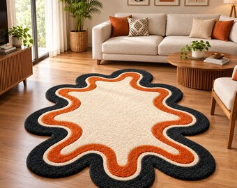 Hand Tufted Wool Area Rug, Abstract Organic Shape, Cream Orange Black Boho Decor