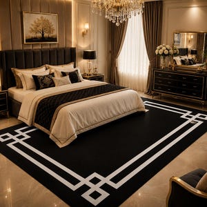 Modern Greek Key Area Rug • Minimalist Black White Geometric Carpet image 4