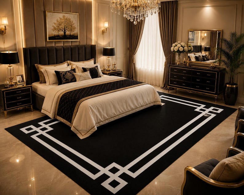 Modern Greek Key Area Rug • Minimalist Black White Geometric Carpet image 4