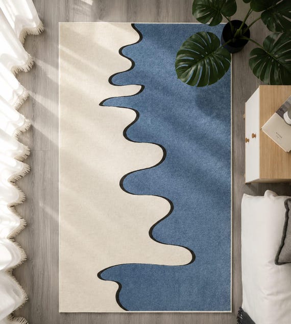 Abstract Wavy Area Rug, Patina Blue Cream Carpet, Modern Liquid Floor Mat