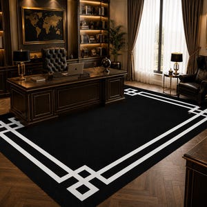 Modern Greek Key Area Rug • Minimalist Black White Geometric Carpet image 5