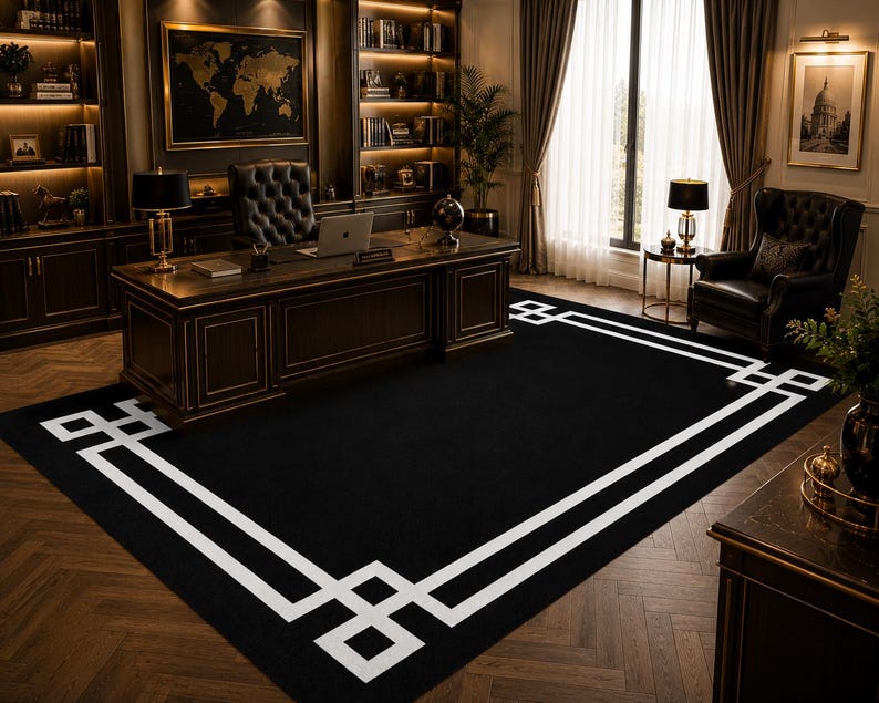 Modern Greek Key Area Rug • Minimalist Black White Geometric Carpet image 5