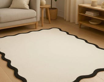 Cream Scalloped Rug | Black Wavy Border Japandi Carpet for Living Room, Bedroom