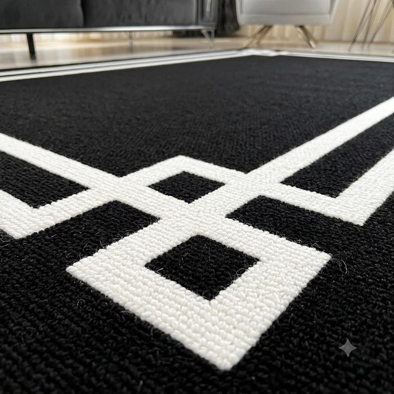 Modern Greek Key Area Rug • Minimalist Black White Geometric Carpet image 6