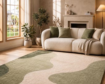 Hand-Tufted Abstract Wave Rug | Olive Green Beige Geometric Carpet | Minimalist Living Room Decor