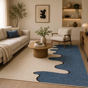 Abstrakter, wellenförmiger Teppich, Patina-Blau-Creme-Teppich, moderne Flüssig-Fußmatte Bild 1