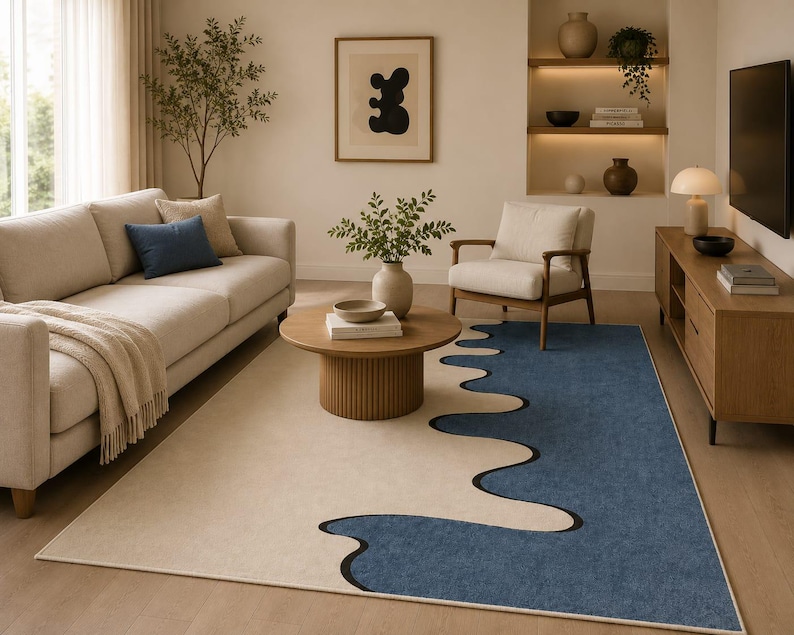Abstrakter, wellenförmiger Teppich, Patina-Blau-Creme-Teppich, moderne Flüssig-Fußmatte Bild 1