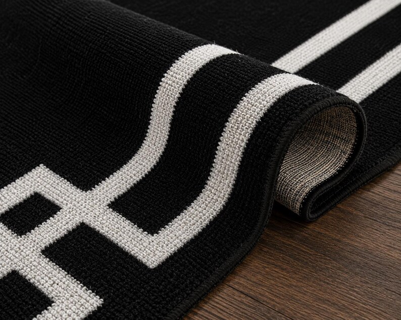 Modern Greek Key Area Rug • Minimalist Black White Geometric Carpet image 7