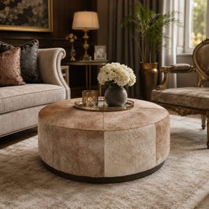 May include: A round, low-profile ottoman upholstered in a patchwork of tan and cream-colored animal hide. The ottoman features a smooth, circular top surface and a dark base. A gold-rimmed tray holds a dark gray vase with white flowers.