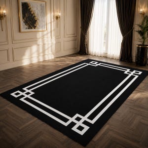 Modern Greek Key Area Rug • Minimalist Black White Geometric Carpet image 1